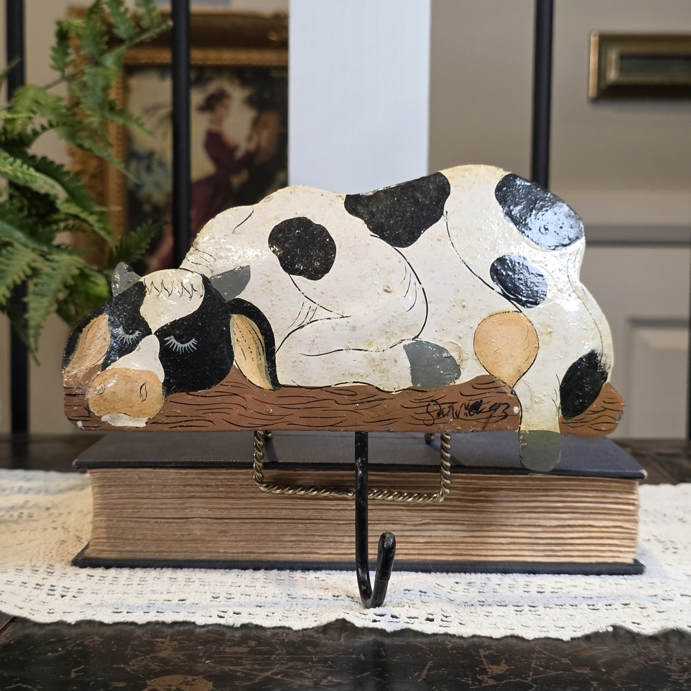 Vintage Signed 'Sarva '93' Folk Art Sleeping Cow Wall Hook, Primitive Farmhouse